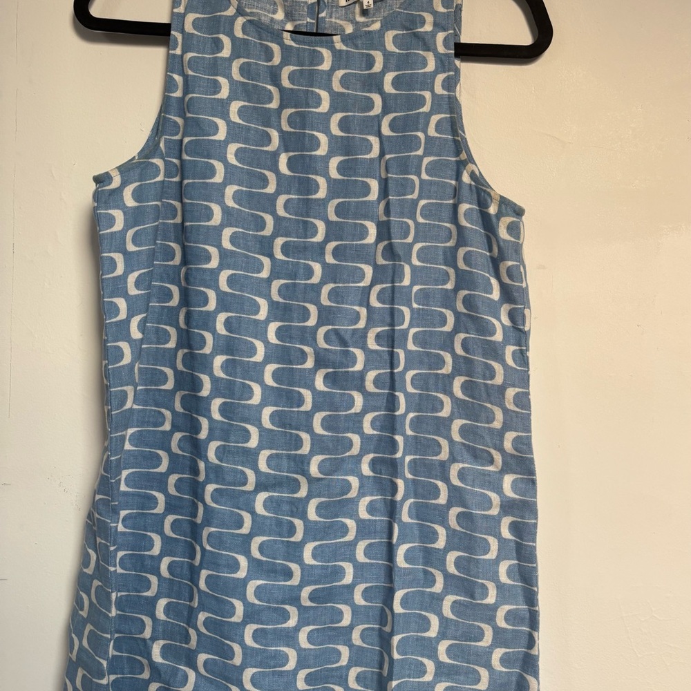 Reformation Blue and White Geometric Poolside Linen Mini Dress
